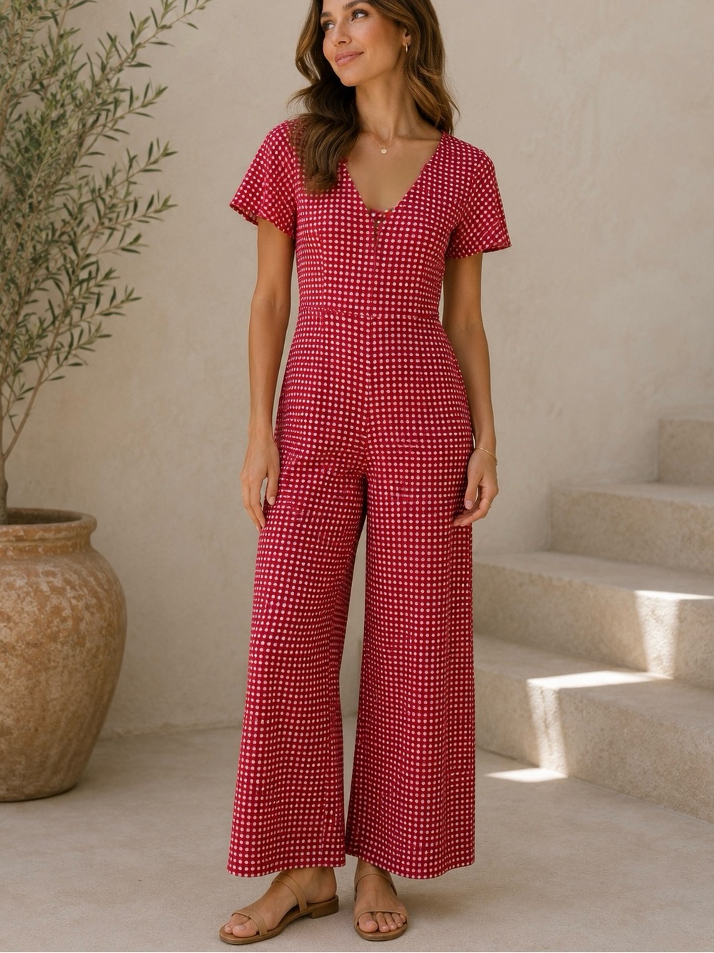 Monteau Los Angeles Red and White Gingham Short-Sleeve Jumpsuit